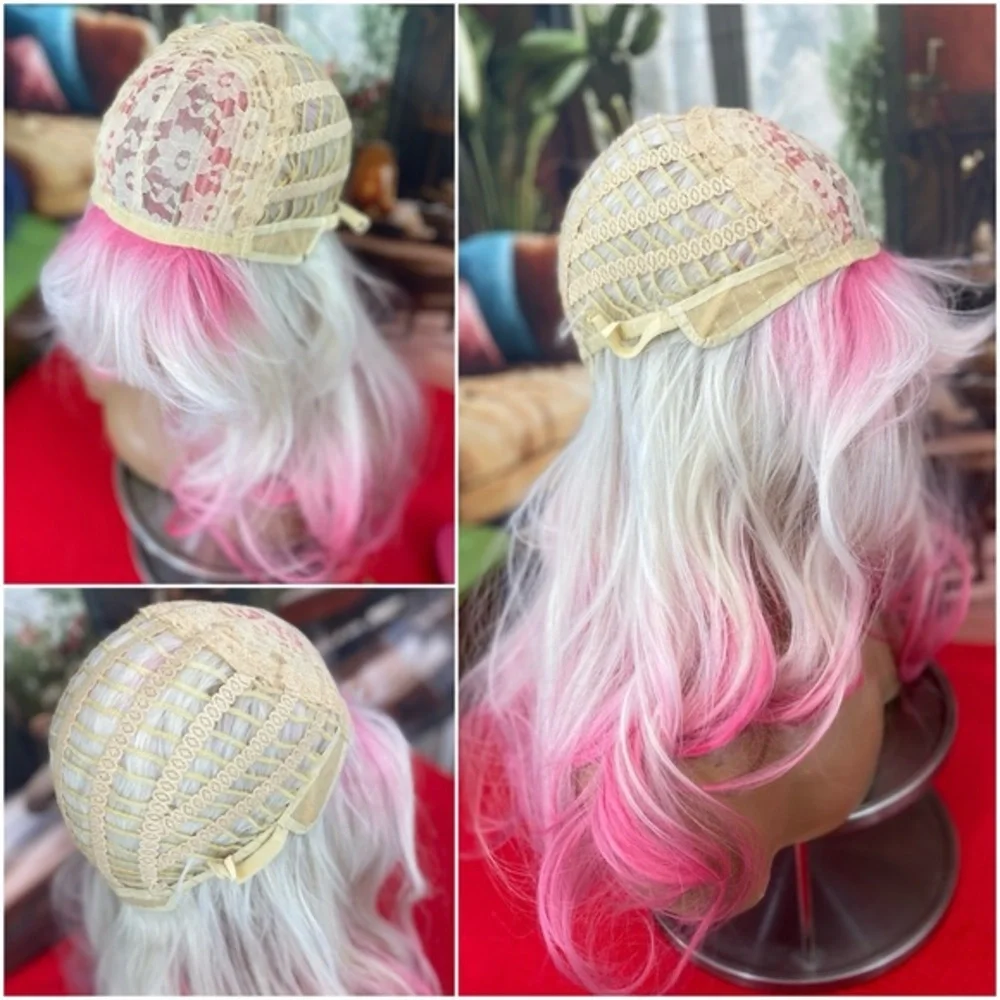White and hot pink wig with bangs
